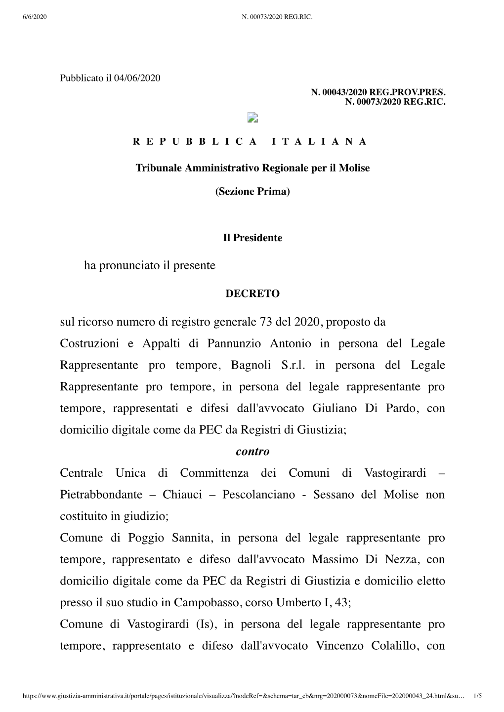 Ha Pronunciato Il Presente Sul Ricorso Numero Di Registro Generale 73 Del