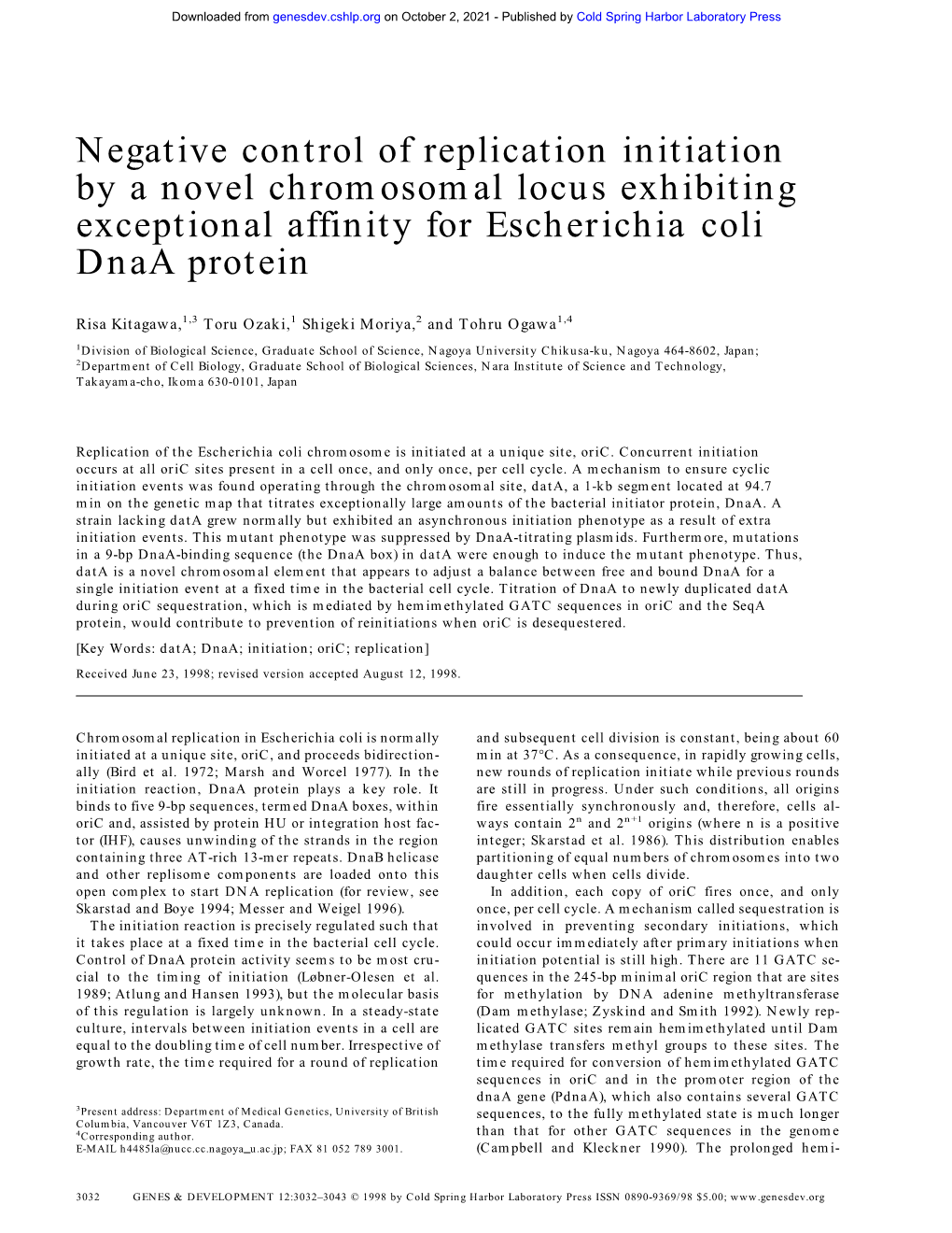 Negative Control of Replication Initiation by a Novel Chromosomal Locus Exhibiting Exceptional Affinity for Escherichia Coli Dnaa Protein