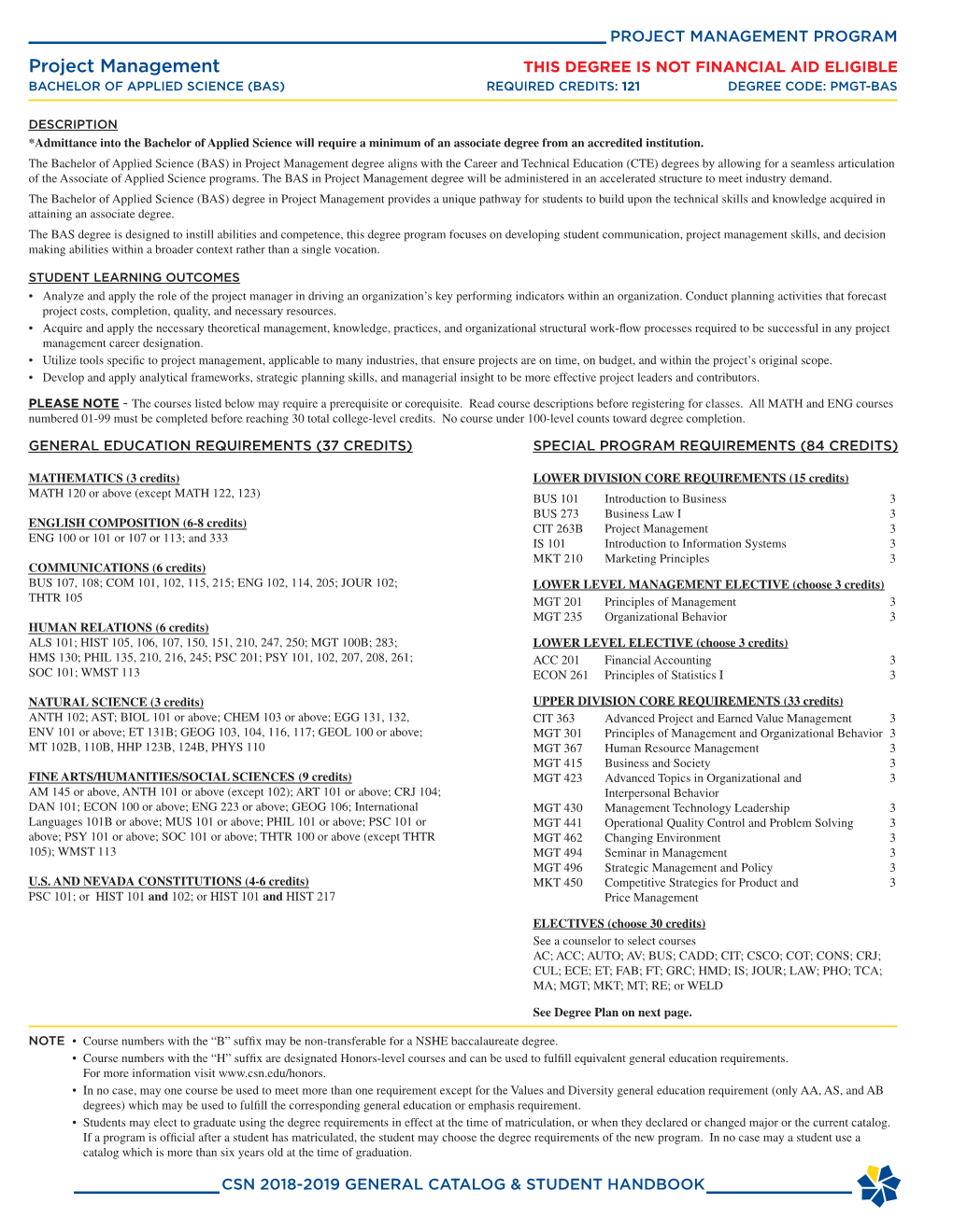 PROJECT MANAGEMENT PROGRAM Project Management THIS DEGREE IS NOT FINANCIAL AID ELIGIBLE BACHELOR of APPLIED SCIENCE (BAS) REQUIRED CREDITS: 121 DEGREE CODE: PMGT-BAS