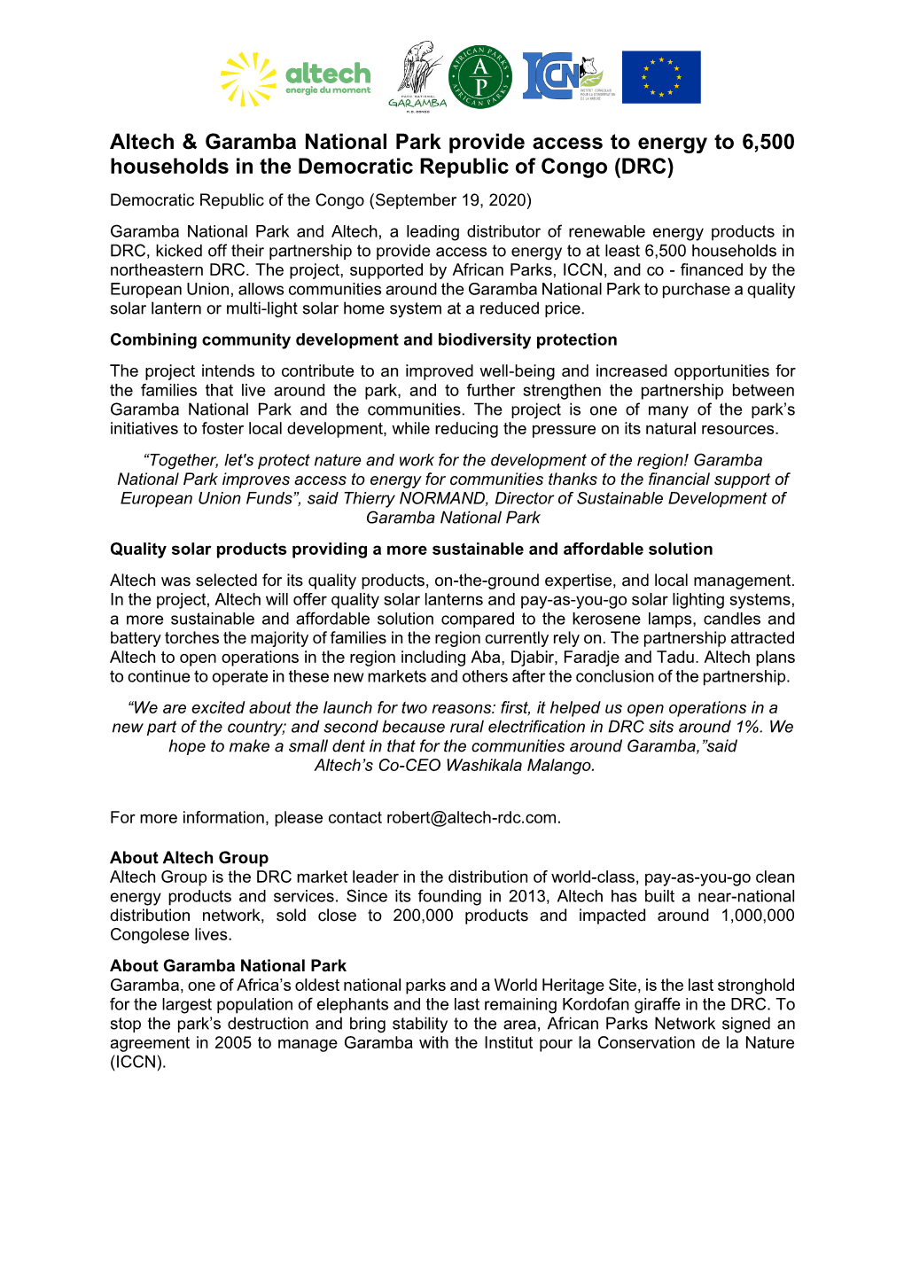 Altech & Garamba National Park Provide Access to Energy to 6,500 Households in the Democratic Republic of Congo (DRC)