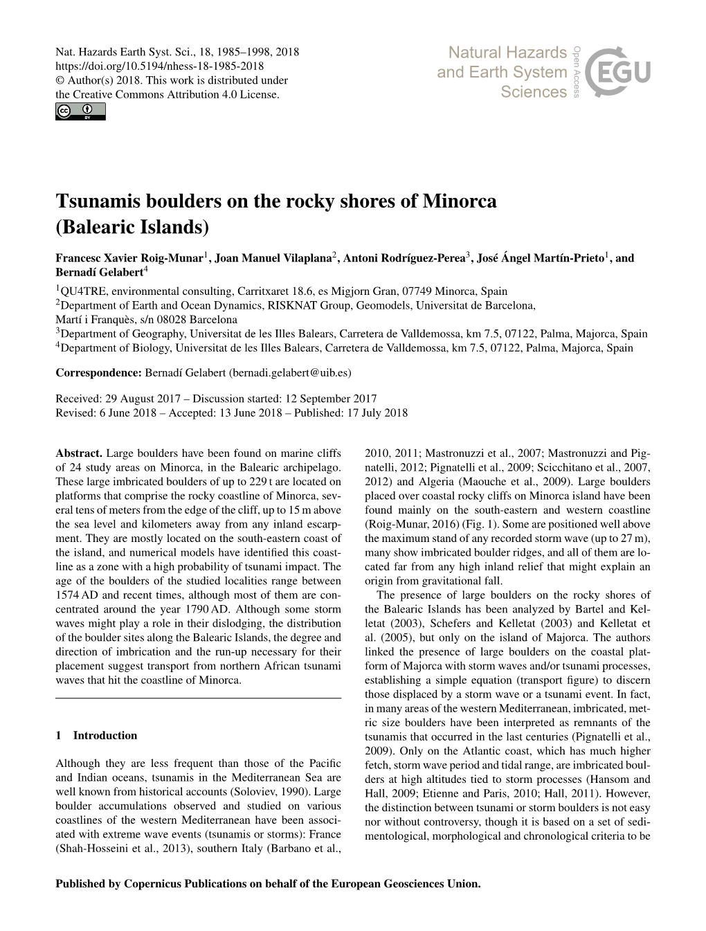 Tsunamis Boulders on the Rocky Shores of Minorca (Balearic Islands)