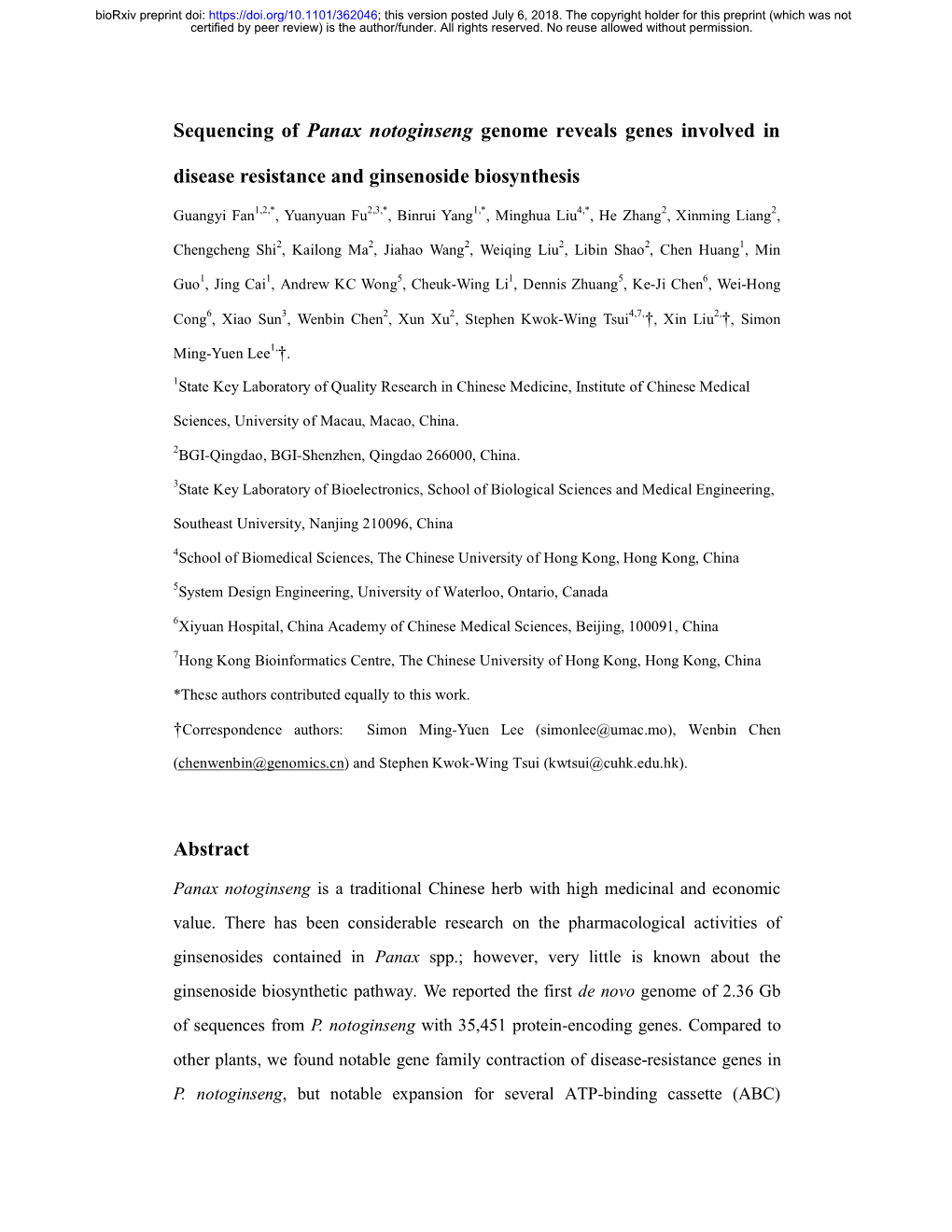 Sequencing of Panax Notoginseng Genome Reveals Genes Involved In