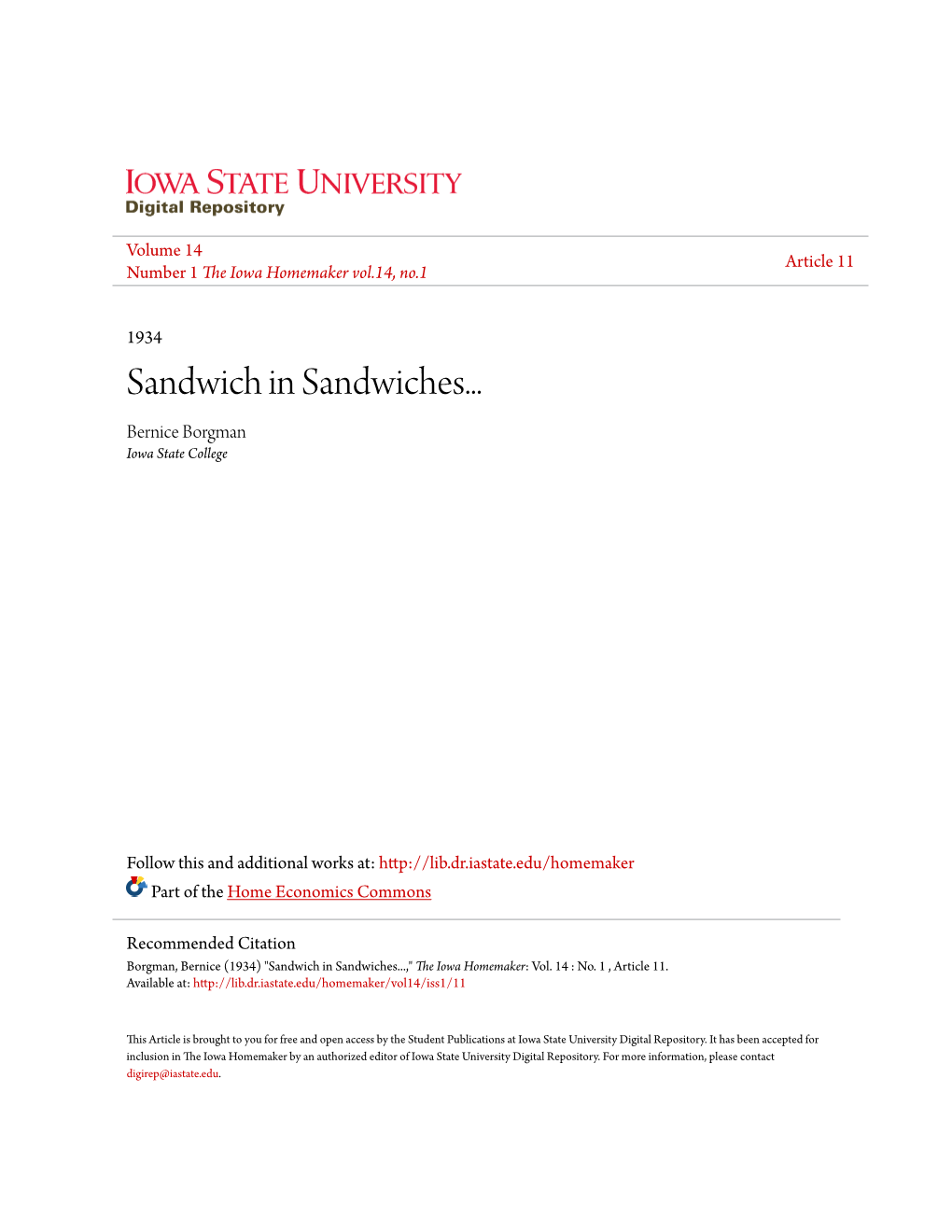 Sandwich in Sandwiches... Bernice Borgman Iowa State College