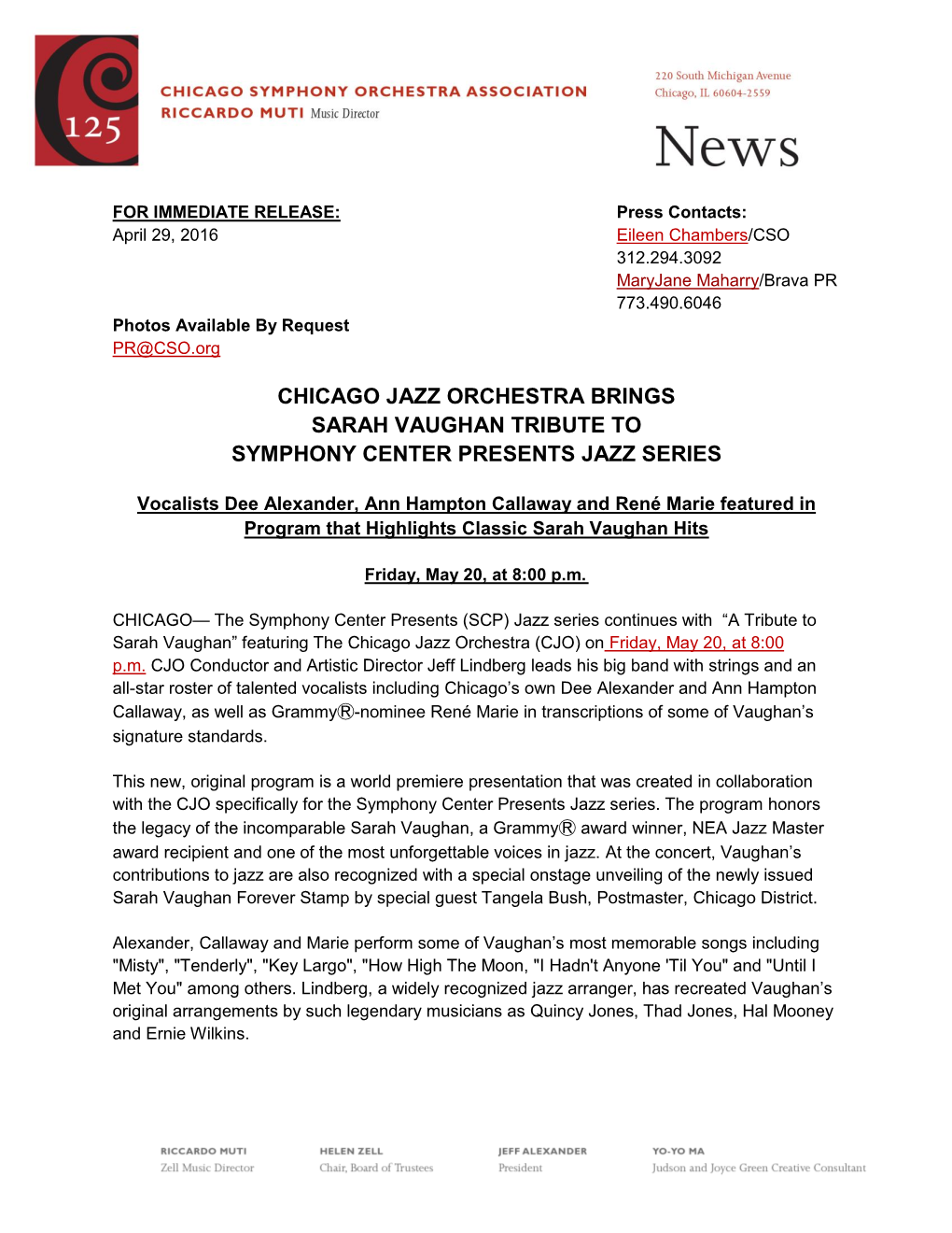 Chicago Jazz Orchestra Brings Sarah Vaughan Tribute to Symphony Center Presents Jazz Series