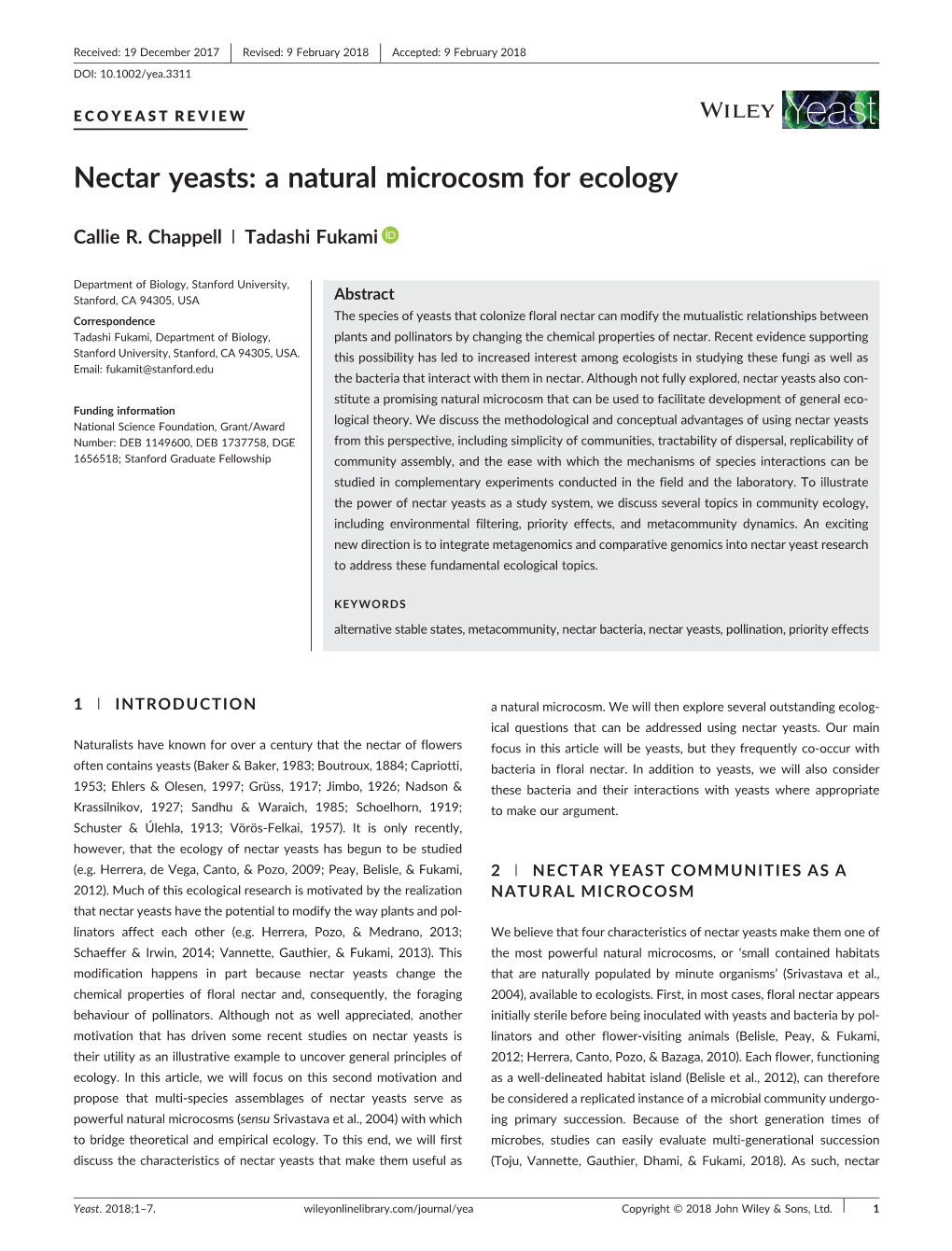 Nectar Yeasts: a Natural Microcosm for Ecology