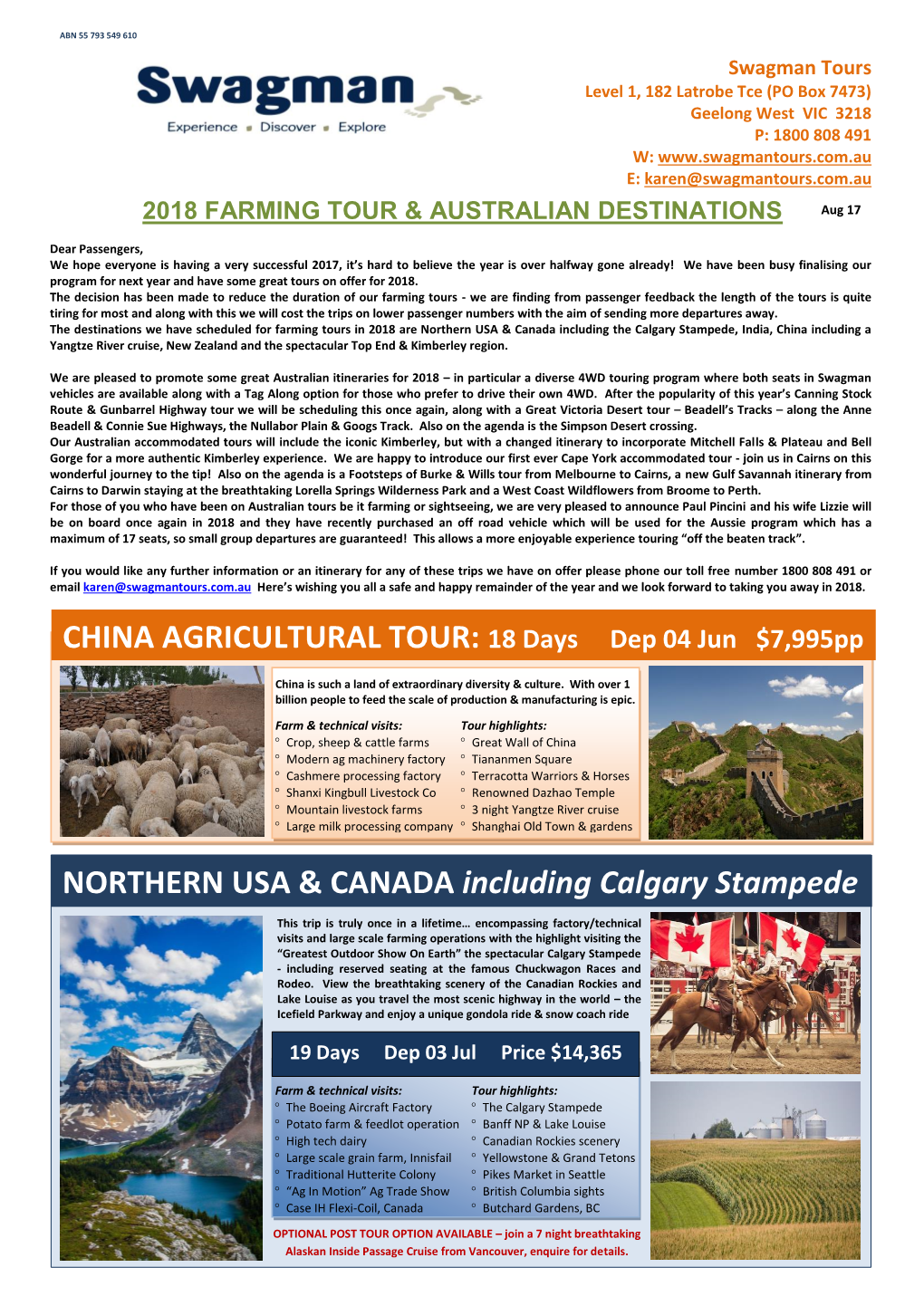 NORTHERN USA & CANADA Including Calgary Stampede