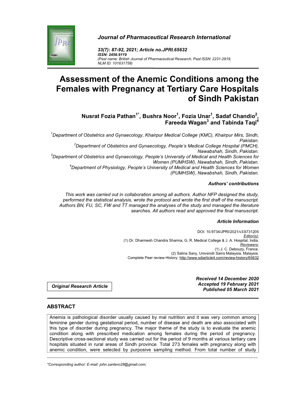 Assessment of the Anemic Conditions Among the Females with Pregnancy at Tertiary Care Hospitals of Sindh Pakistan