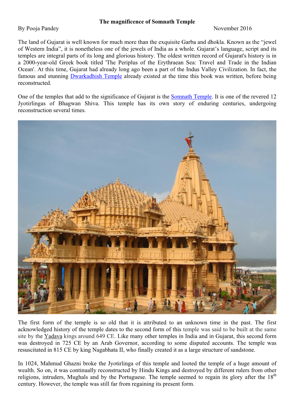 The Magnificence of Somnath Temple by Pooja Pandey November 2016