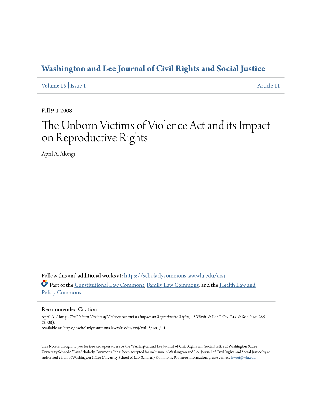The Unborn Victims of Violence Act and Its Impact on Reproductive Rights, 15 Wash