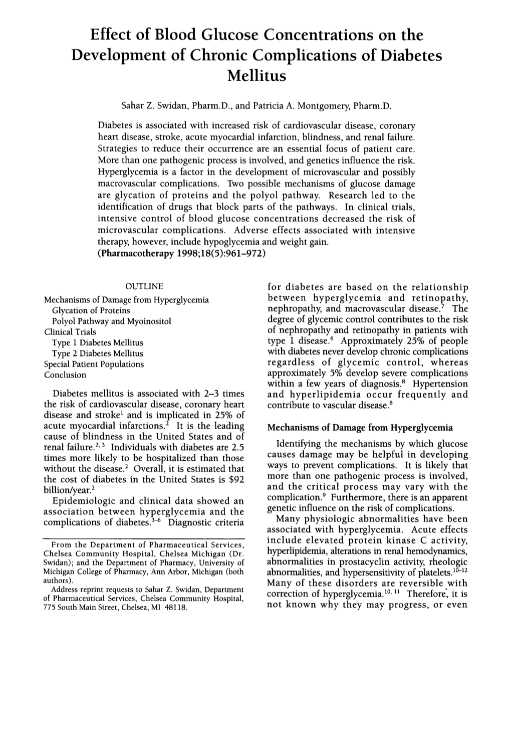 Effect of Blood Glucose Concentrations on the Development of Chronic Complications of Diabetes Mellitus