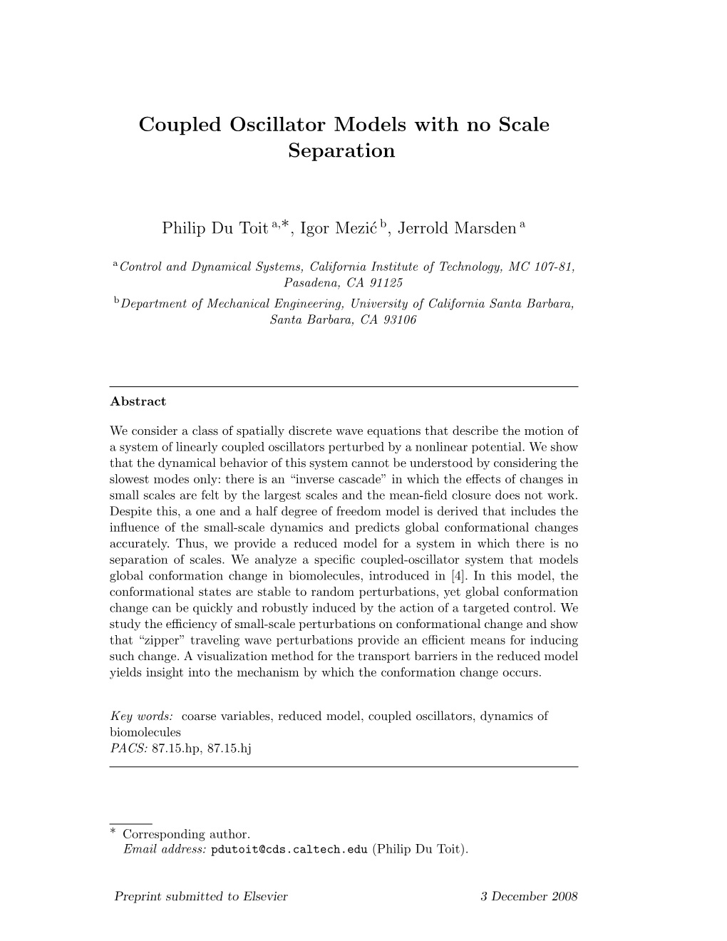 Coupled Oscillator Models with No Scale Separation