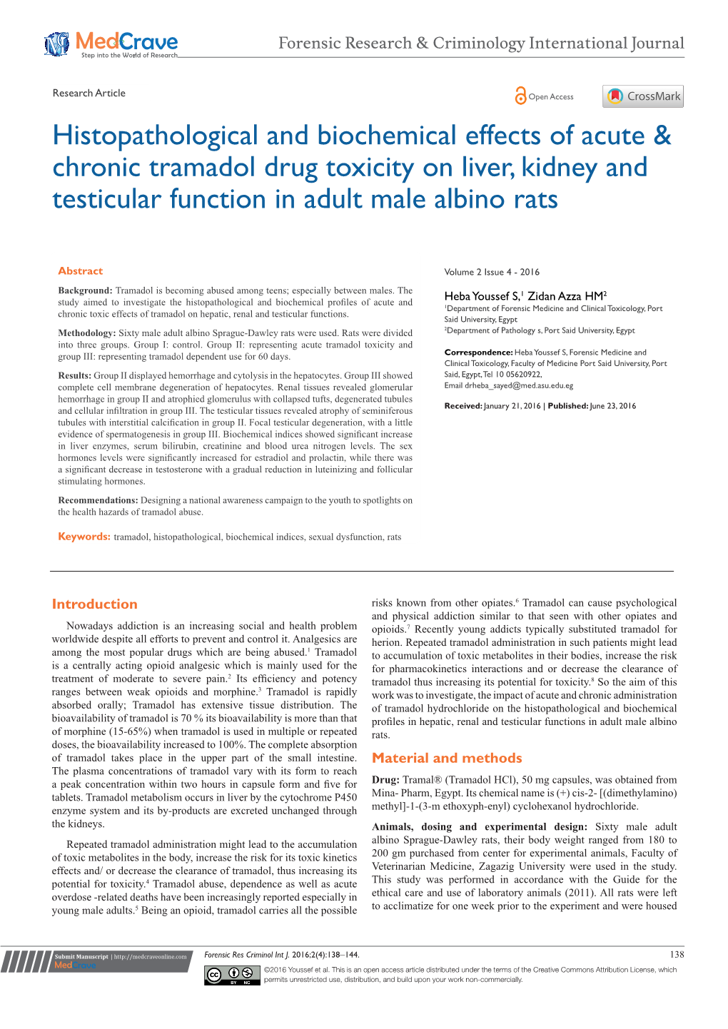 Histopathological and Biochemical Effects of Acute & Chronic Tramadol