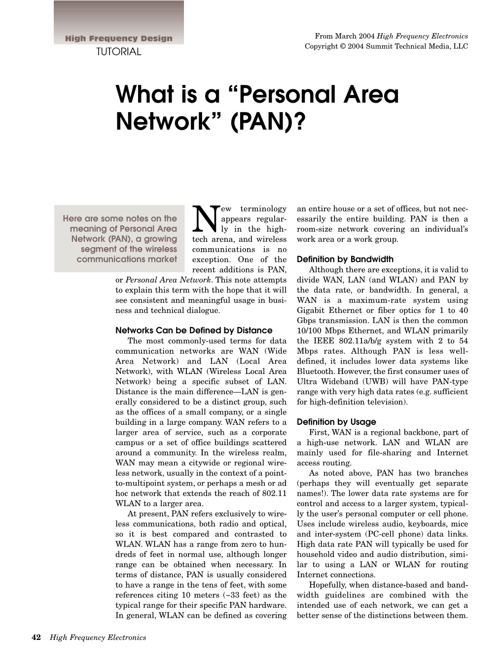 Personal Area Network” (PAN)?