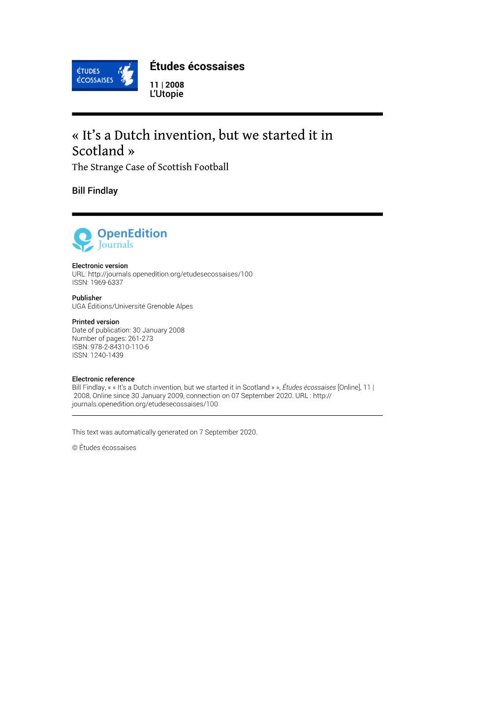 Études Écossaises, 11 | 2008 « It’S a Dutch Invention, but We Started It in Scotland » 2