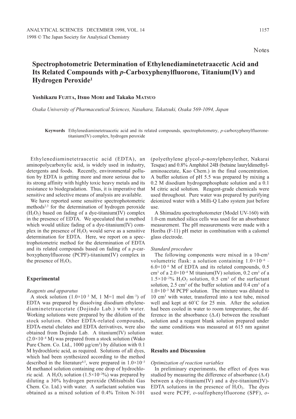 Spectrophotometric Determination of Ethylenediaminetetraacetic Acid and Its Related Compounds with P-Carboxyphenylfluorone, Titanium(IV) and Hydrogen Peroxide1