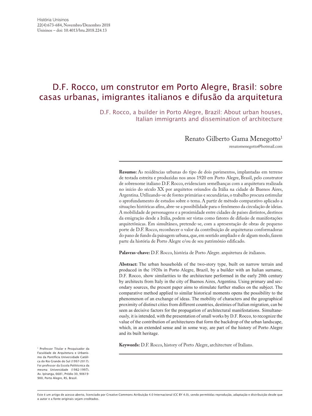 D.F. Rocco, Um Construtor Em Porto Alegre, Brasil: Sobre Casas Urbanas, Imigrantes Italianos E Difusão Da Arquitetura