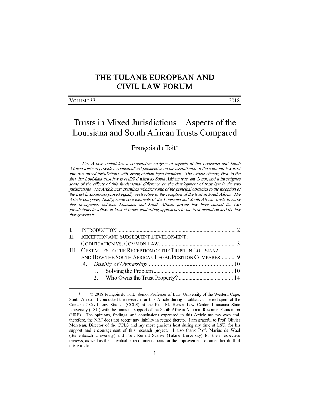 Trusts in Mixed Jurisdictions—Aspects of the Louisiana and South African Trusts Compared