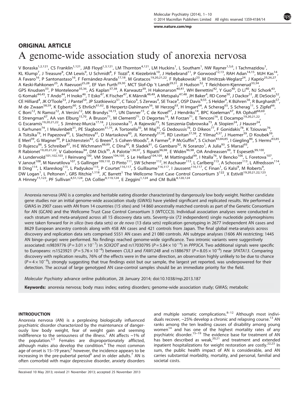 A Genome-Wide Association Study of Anorexia Nervosa