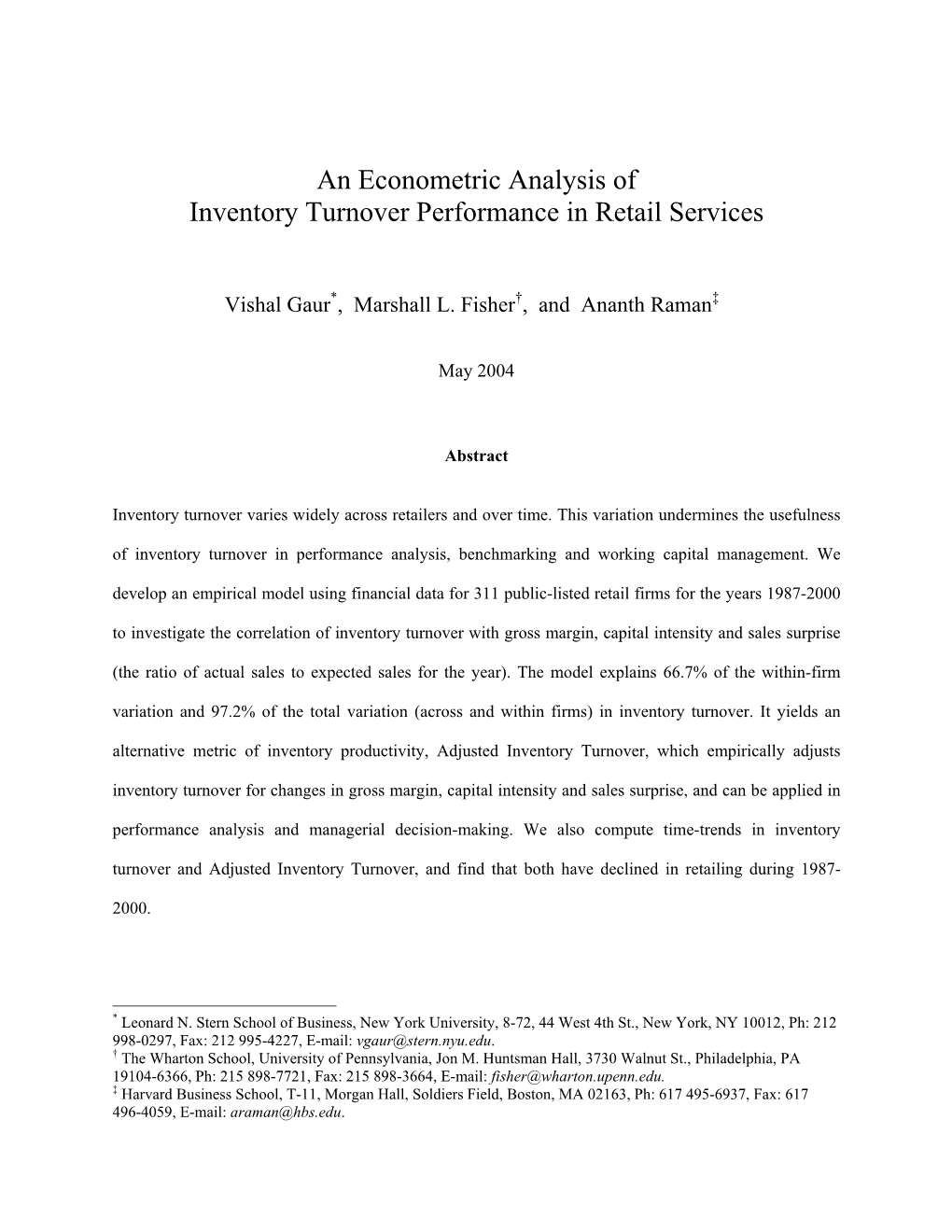 An Econometric Analysis of Inventory Turnover Performance in Retail Services