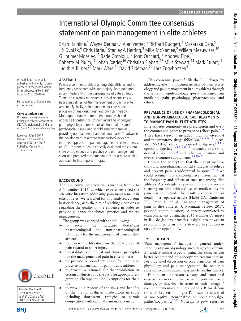 International Olympic Committee Consensus Statement on Pain