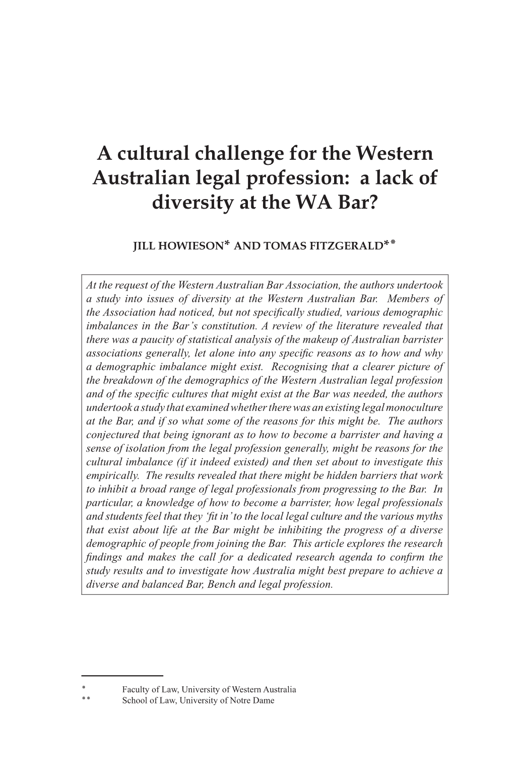 A Cultural Challenge for the Western Australian Legal Profession: a Lack of Diversity at the WA Bar?