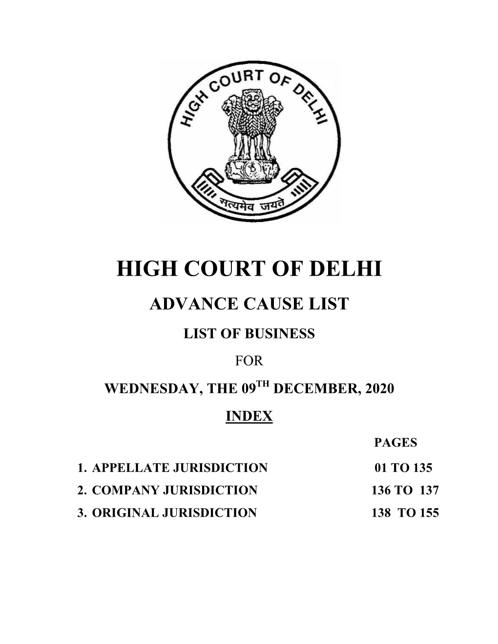 Advance Cause List List of Business for Wednesday, the 09Th December, 2020 Index Pages