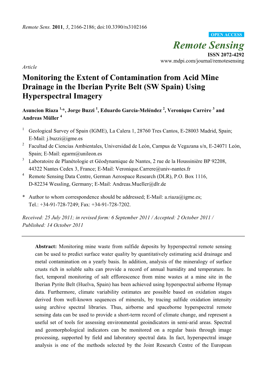 Monitoring the Extent of Contamination from Acid Mine Drainage in the Iberian Pyrite Belt (SW Spain) Using Hyperspectral Imagery