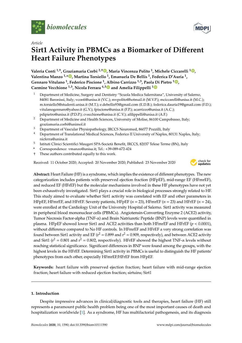 Sirt1 Activity in Pbmcs As a Biomarker of Different Heart Failure Phenotypes