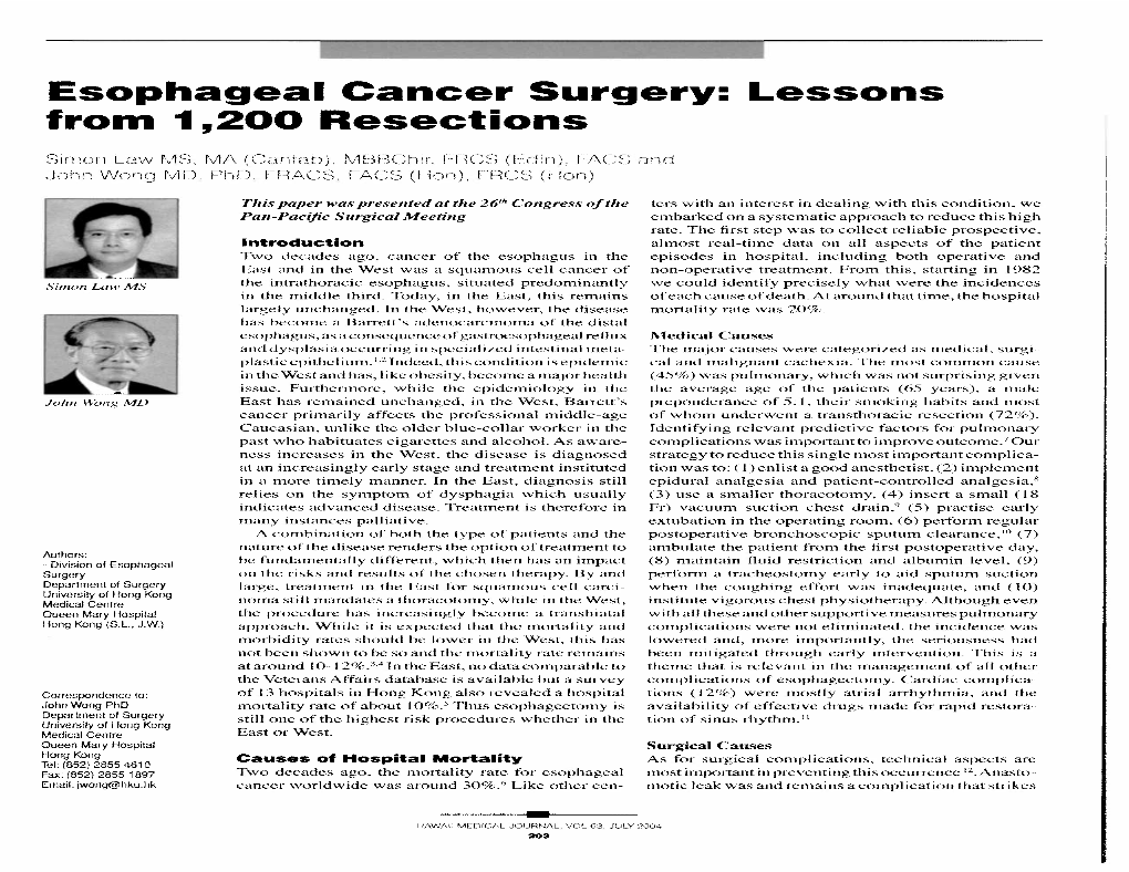 Esophageal Cancer Surgery: Lessons from 1,200 Resections