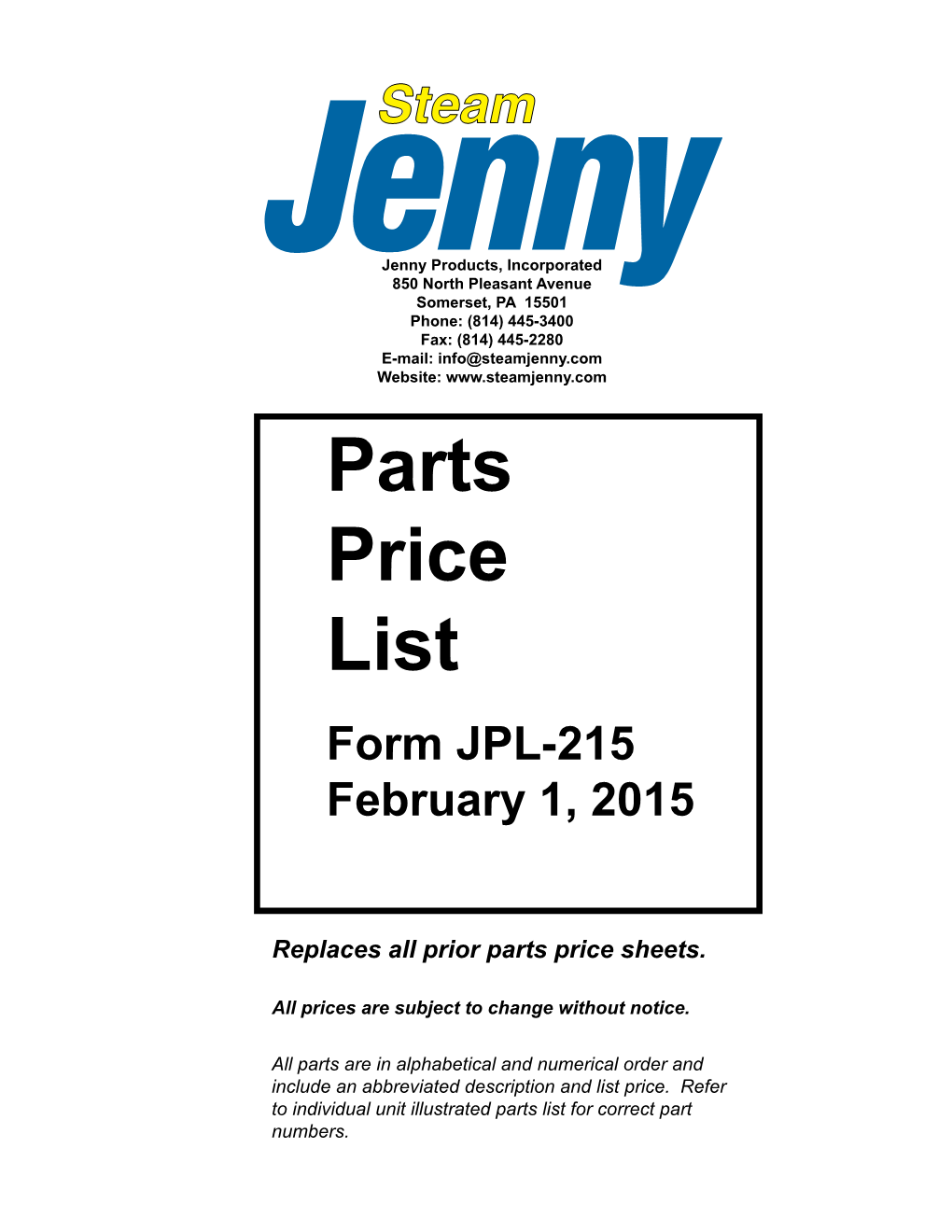 Parts Price List Form JPL-215 February 1, 2015