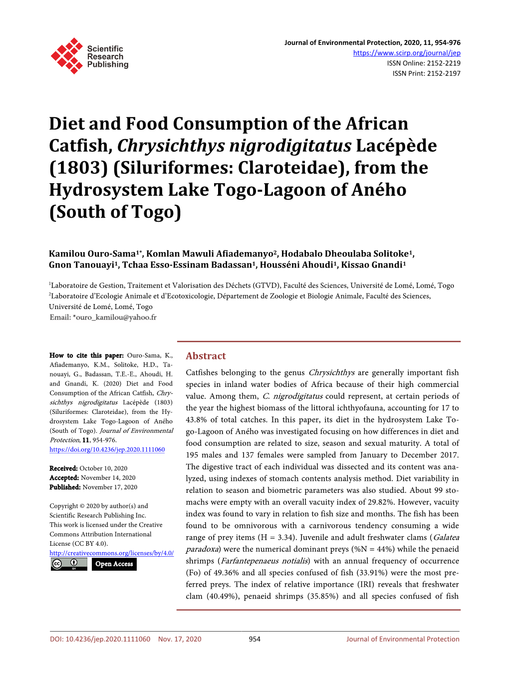 Diet and Food Consumption of the African Catfish, Chrysichthys