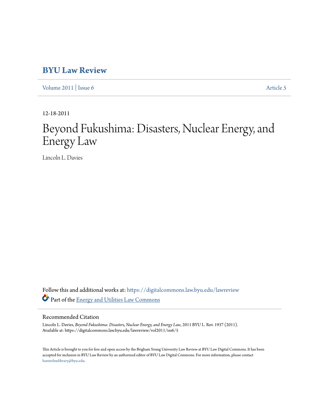 Beyond Fukushima: Disasters, Nuclear Energy, and Energy Law Lincoln L