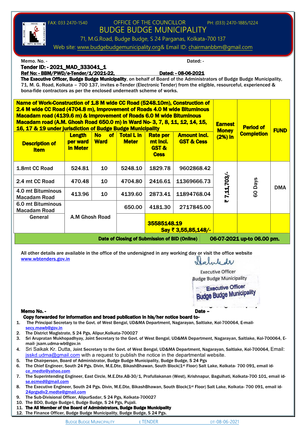 BUDGE BUDGE MUNICIPALITY 71, M.G.Road, Budge Budge, S 24 Parganas, Kolkata-700 137 Web Site: Email ID: Chairmanbbm@Gmail.Com