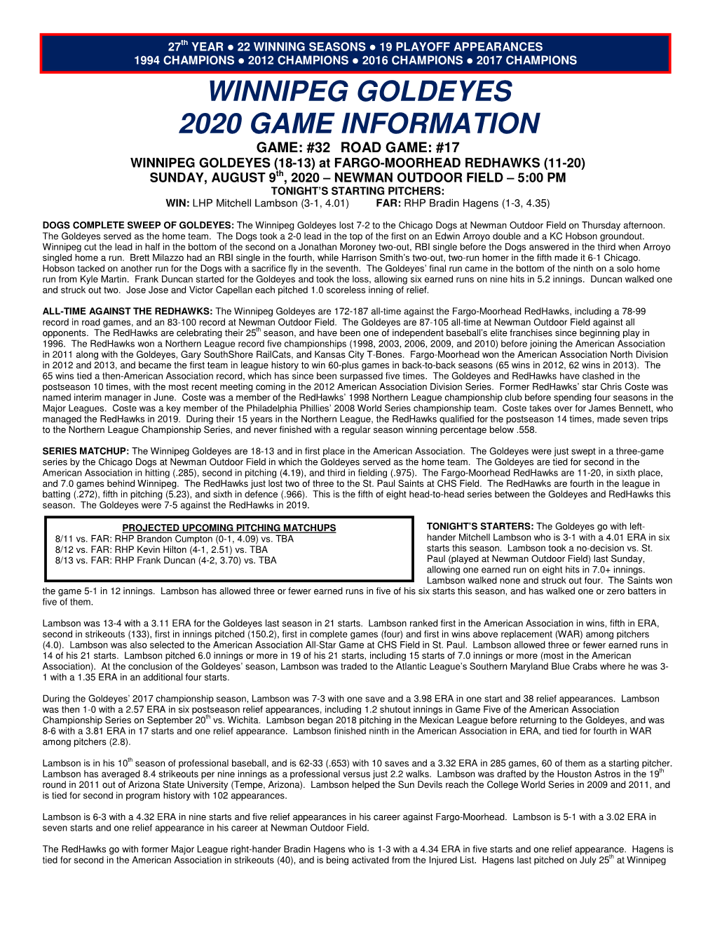 Winnipeg Goldeyes 2020 Game Information