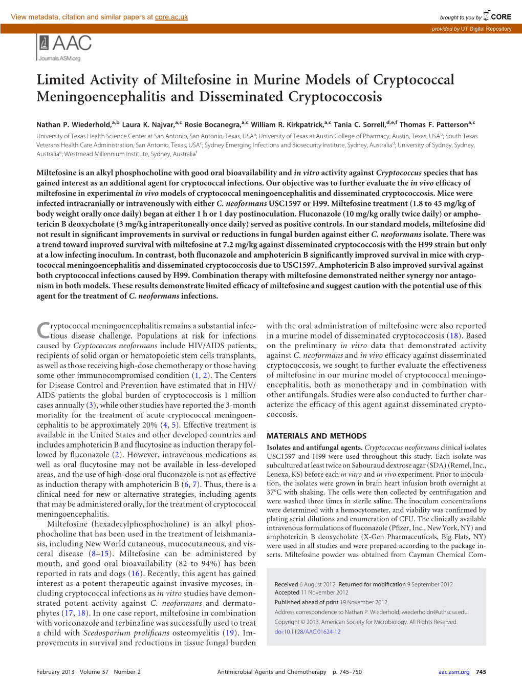 Limited Activity of Miltefosine in Murine Models of Cryptococcal Meningoencephalitis and Disseminated Cryptococcosis