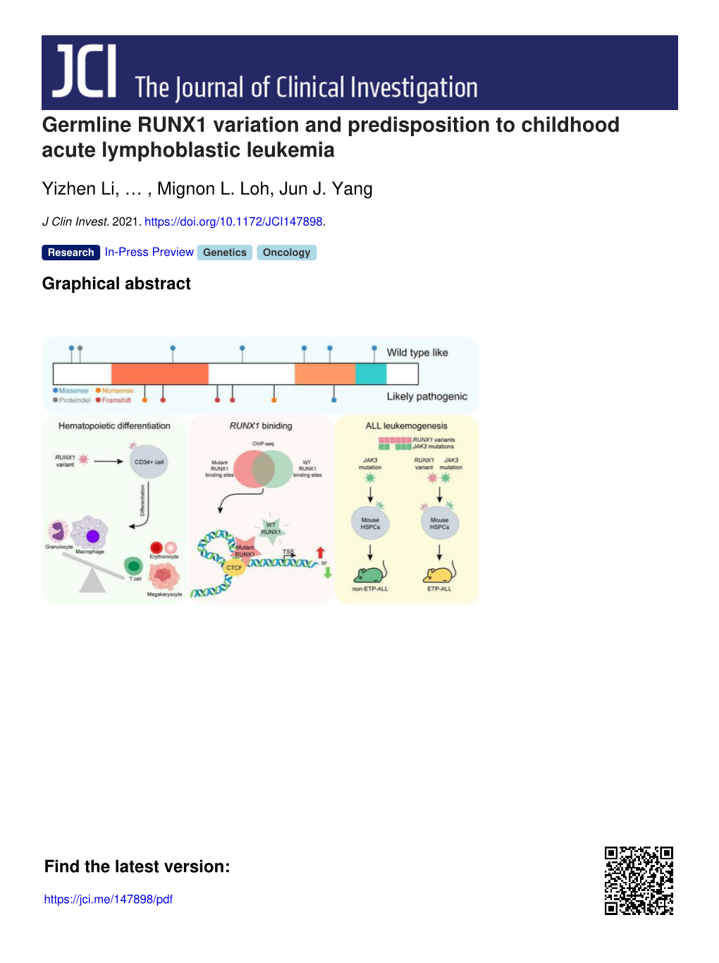 Germline RUNX1 Variation and Predisposition to Childhood Acute Lymphoblastic Leukemia