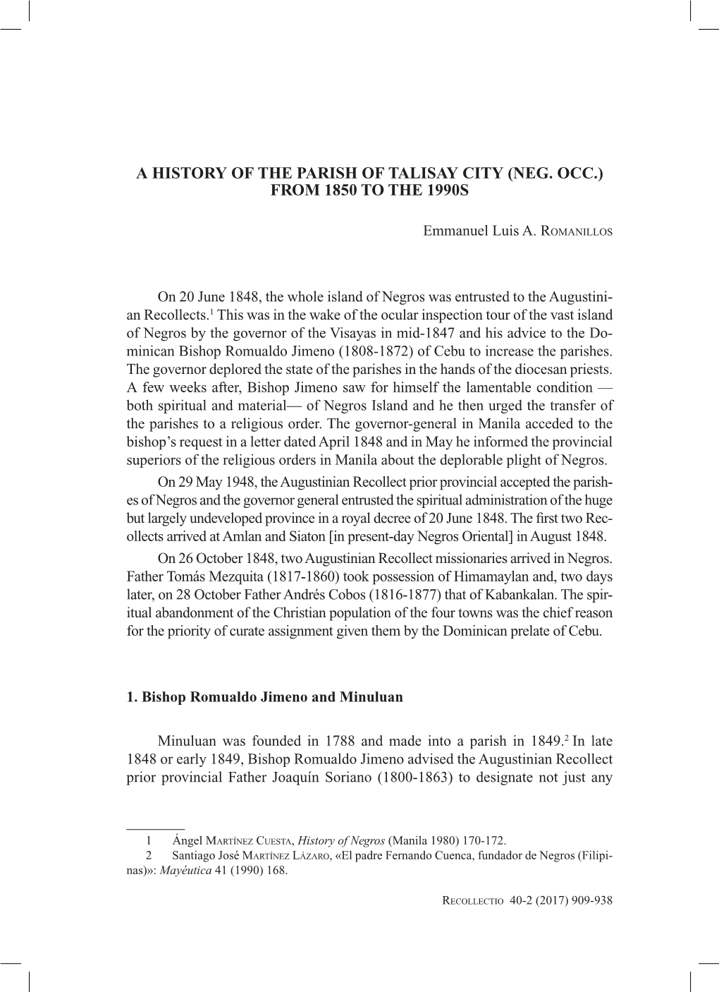 A History of the Parish of Talisay City (Neg. Occ.) from 1850 to the 1990S