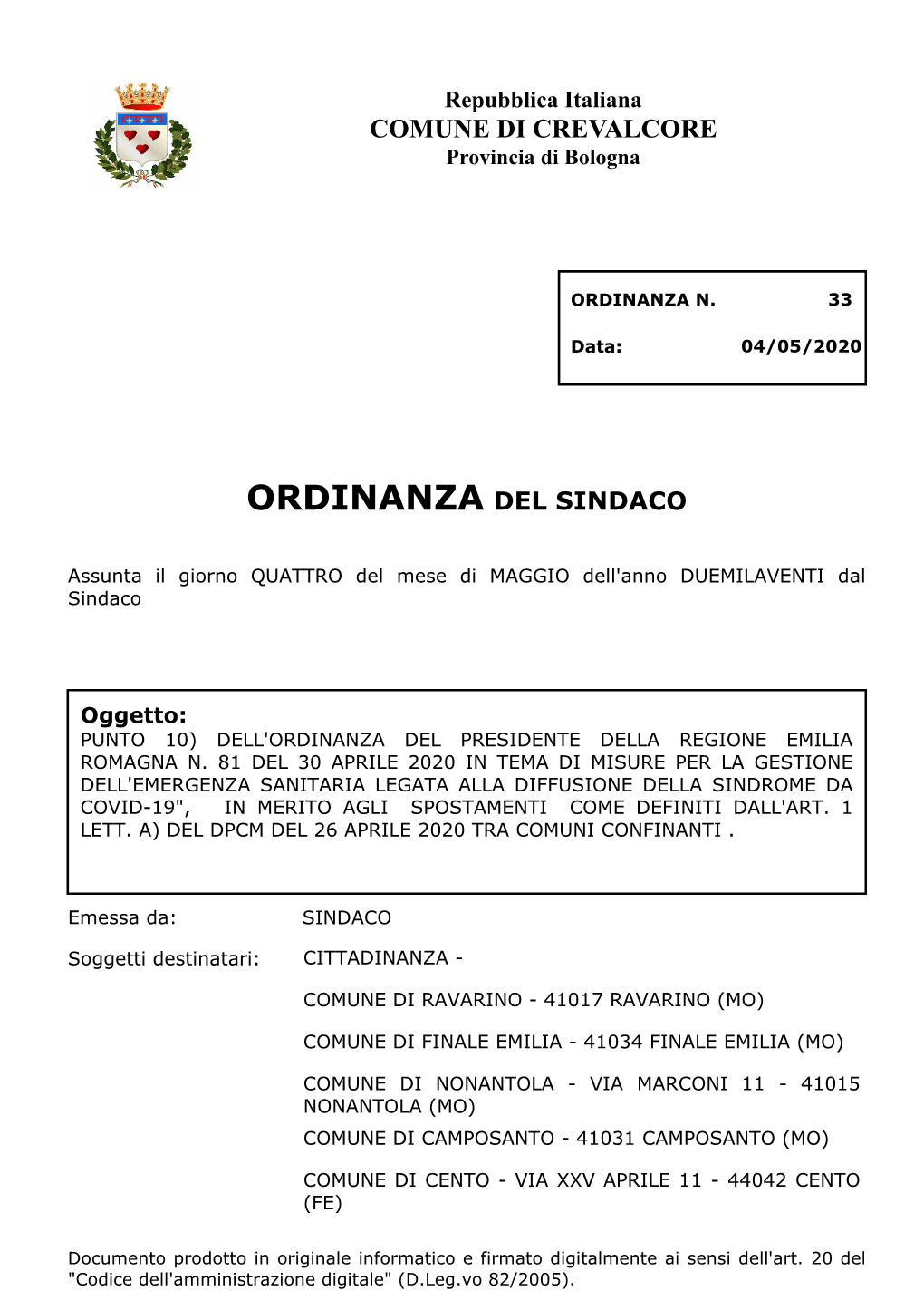 Ordinanza Del Sindaco