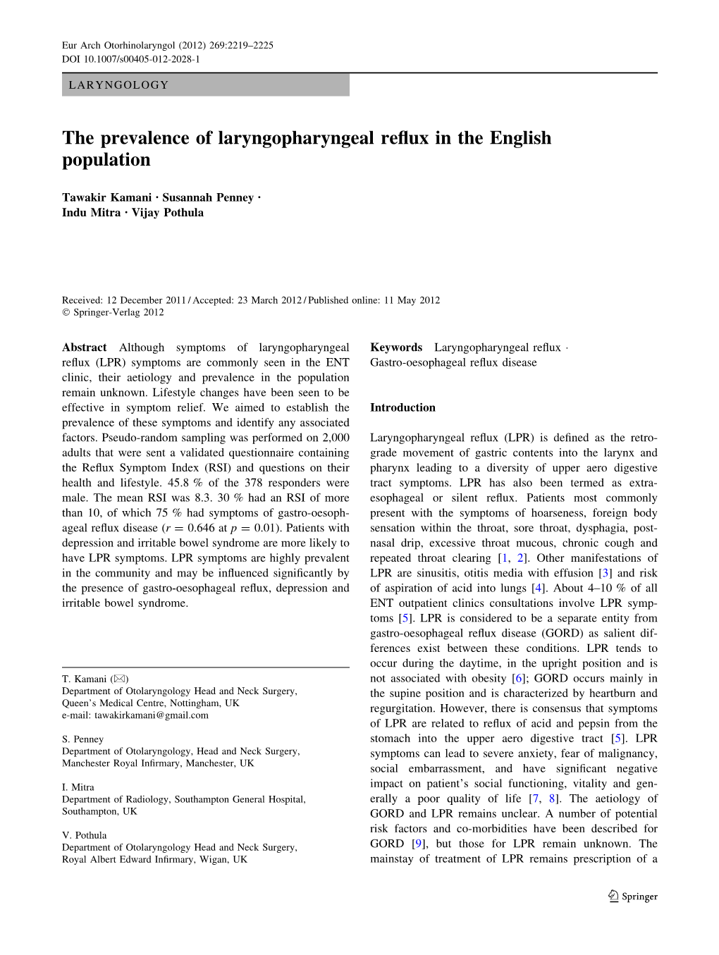 The Prevalence of Laryngopharyngeal Reflux in the English Population