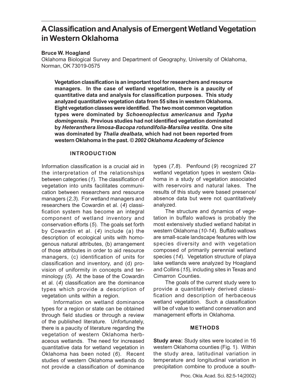 A Classification and Analysis of Emergent Wetland Vegetation in Western Oklahoma