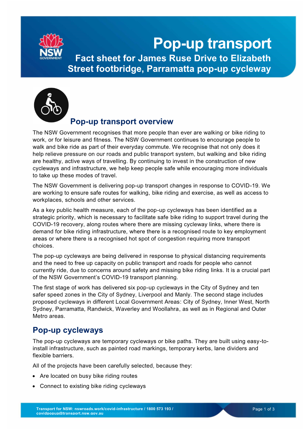Pop-Up Transport Fact Sheet for James Ruse Drive to Elizabeth Street Footbridge, Parramatta Pop-Up Cycleway