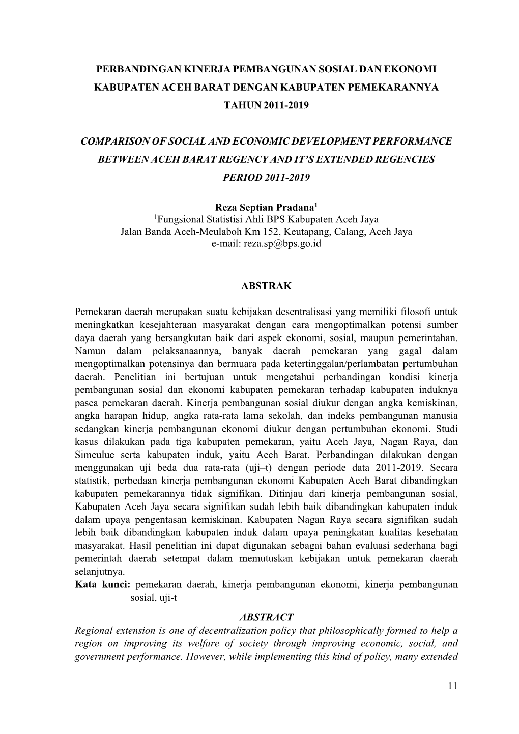 11 Perbandingan Kinerja Pembangunan Sosial Dan Ekonomi Kabupaten Aceh Barat Dengan Kabupaten Pemekarannya Tahun 2011-2019 Compar