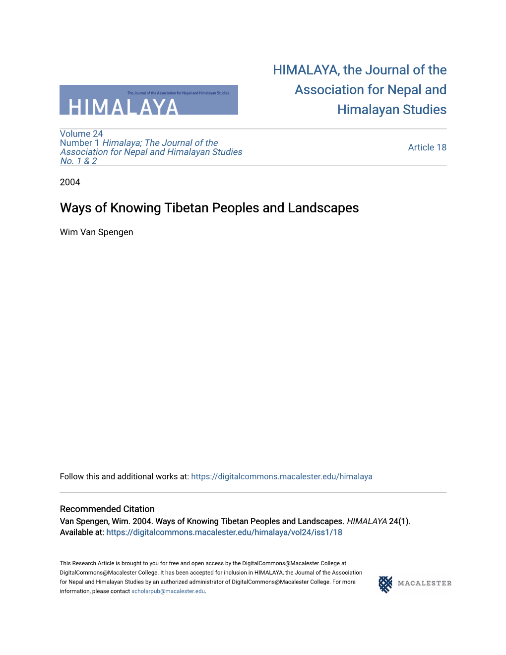 Ways of Knowing Tibetan Peoples and Landscapes