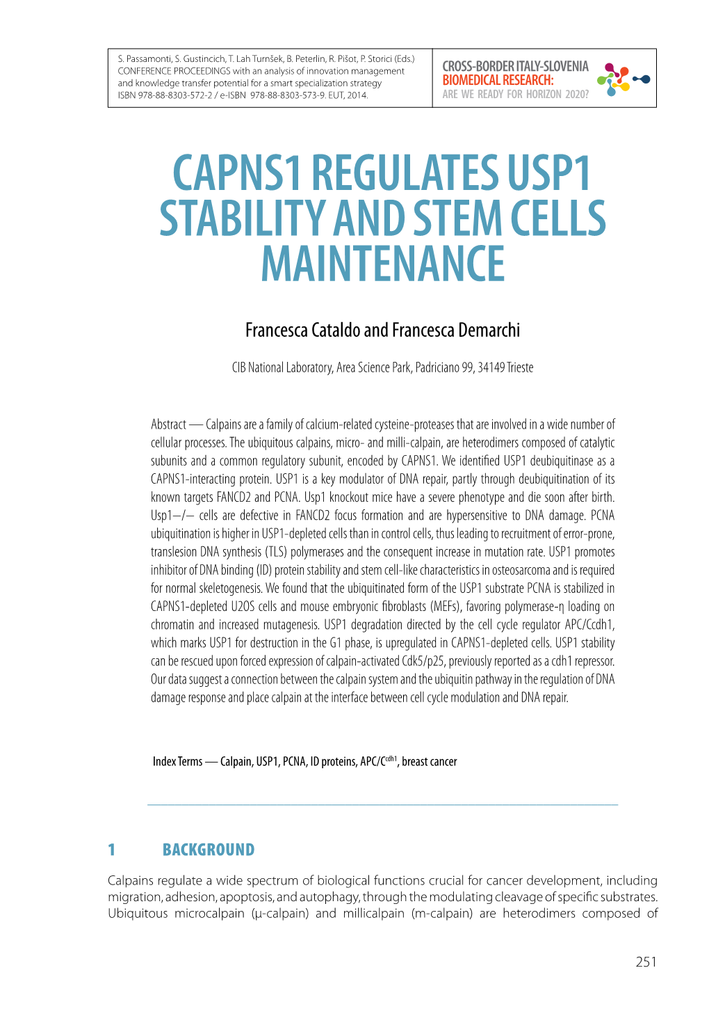 Capns1 Regulates Usp1 Stability and Stem Cells Maintenance