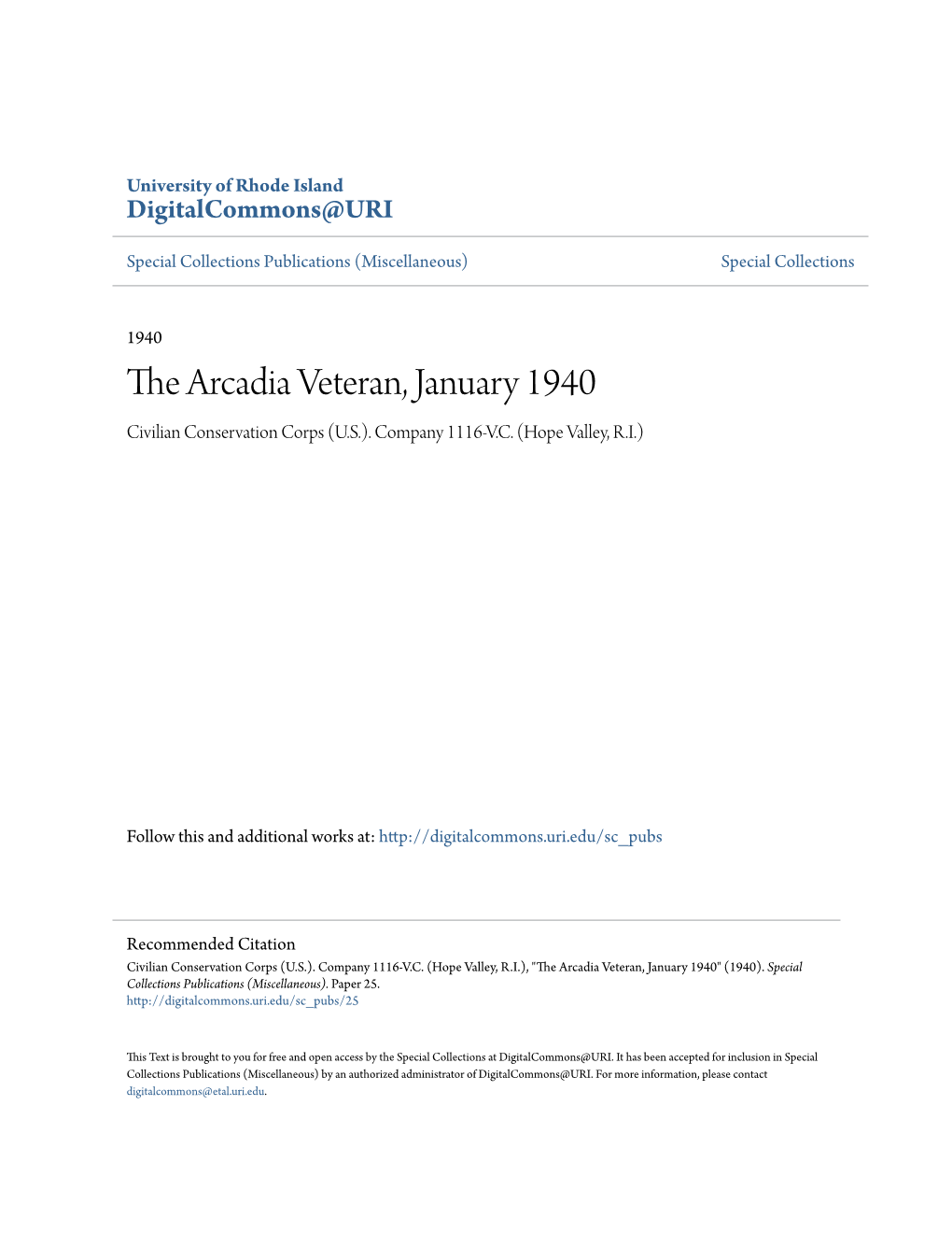 The Arcadia Veteran, January 1940 Civilian Conservation Corps (U.S.)