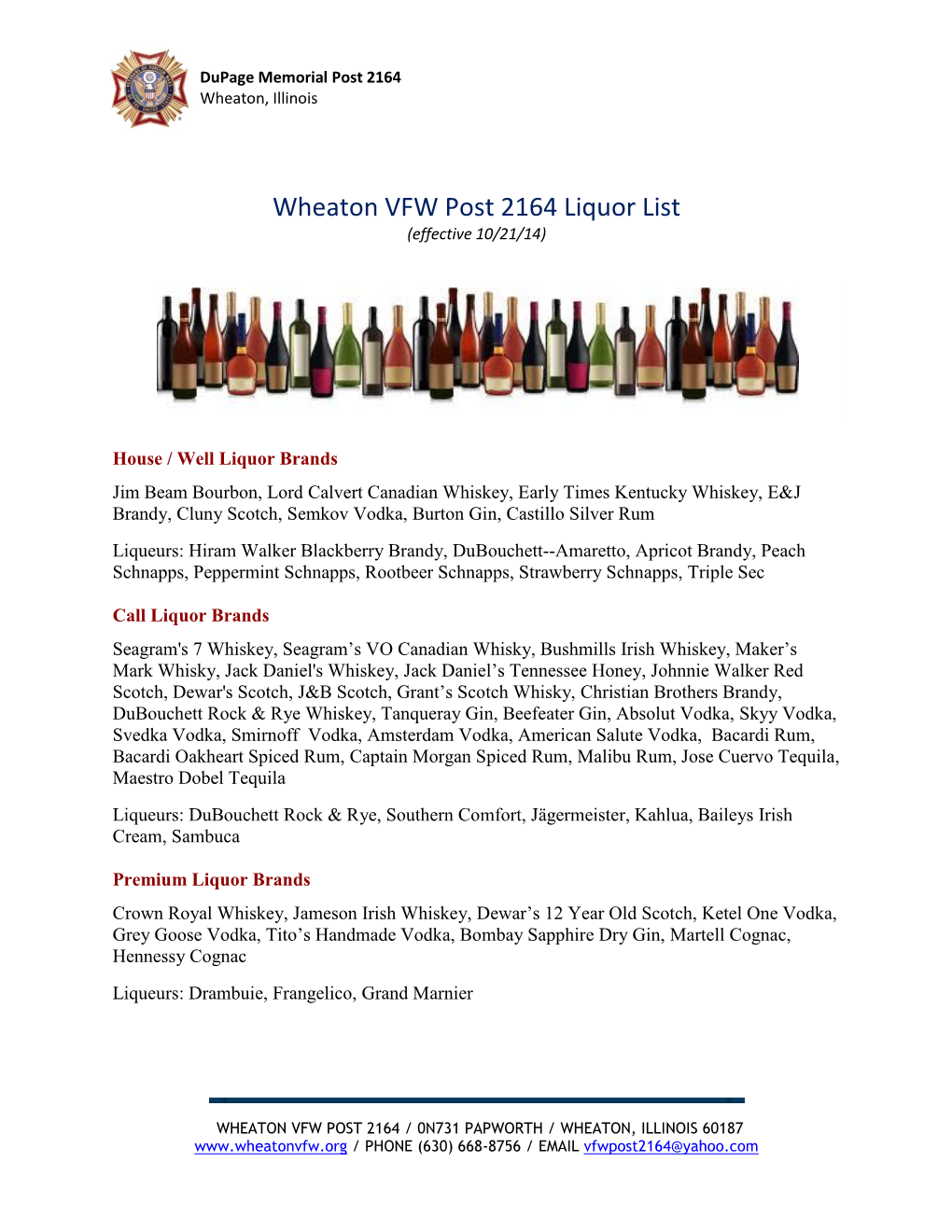 Wheaton VFW Post 2164 Liquor List (Effective 10/21/14)