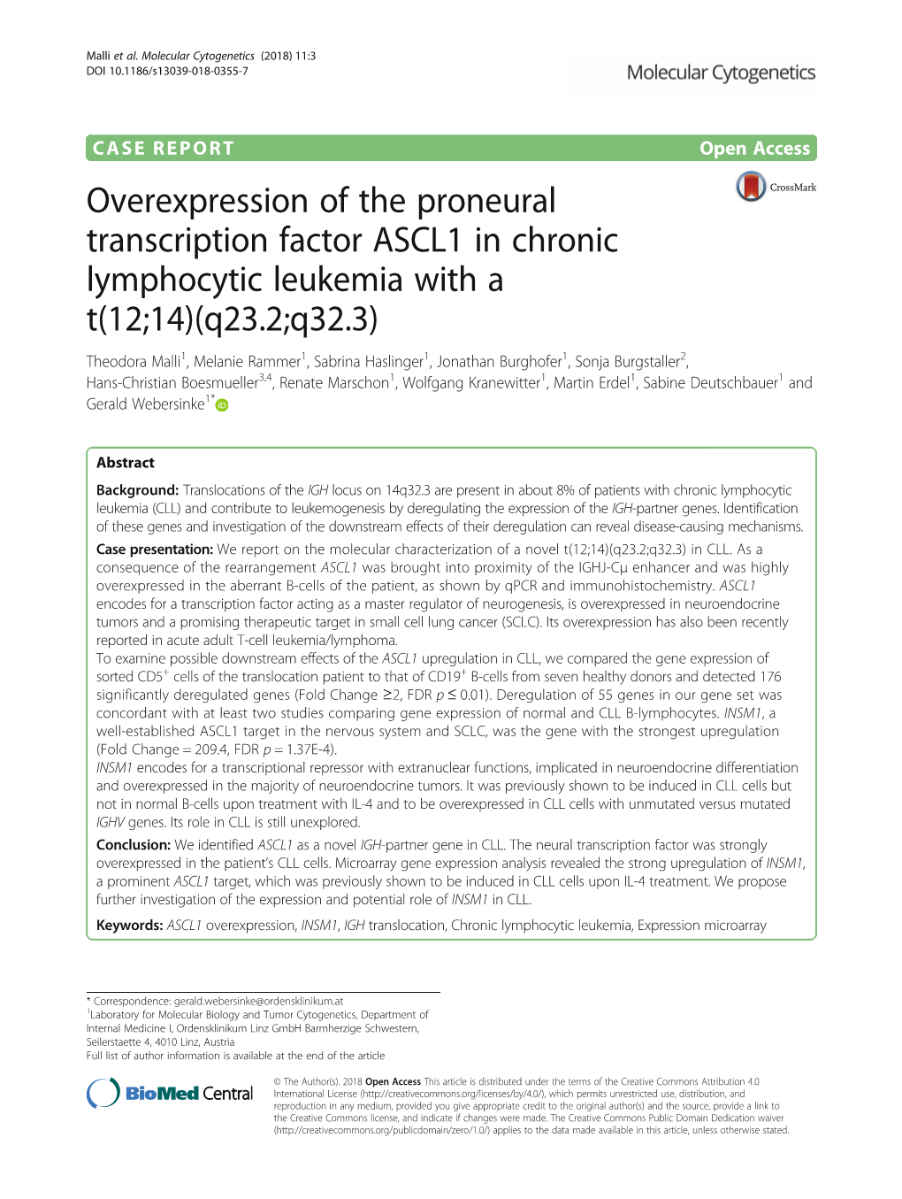 Overexpression of the Proneural Transcription Factor ASCL1 In