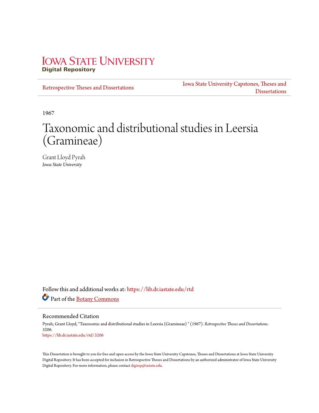 Taxonomic and Distributional Studies in Leersia (Gramineae) Grant Lloyd Pyrah Iowa State University