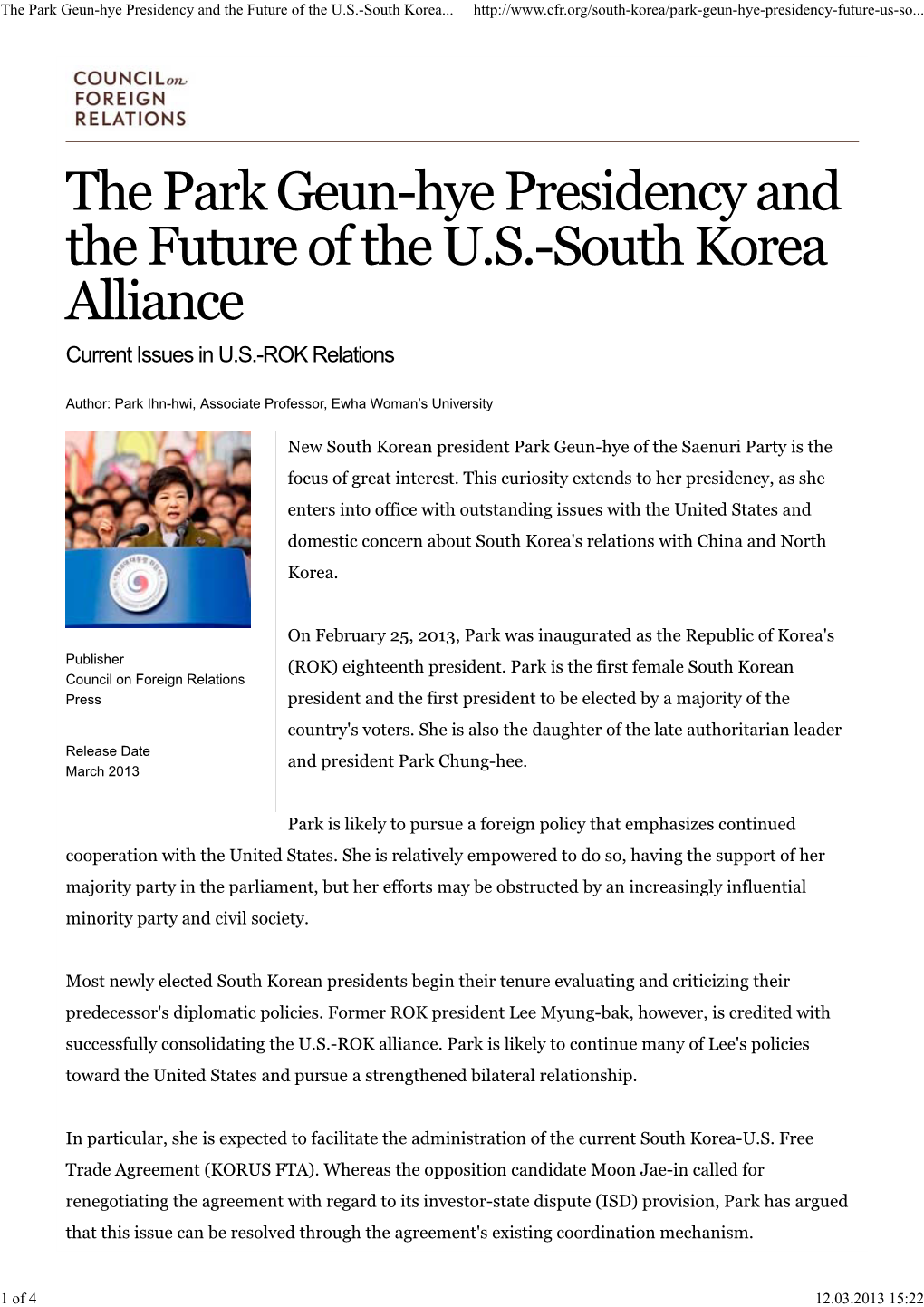 The Park Geun-Hye Presidency and the Future of the US-South Korea