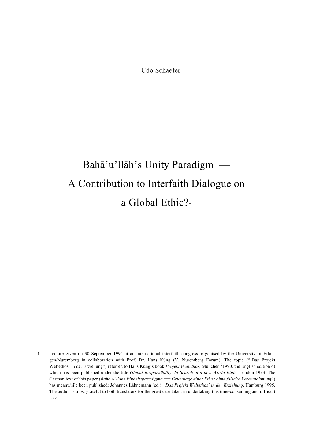 Unity Paradigm — a Contribution to Interfaith Dialogue On